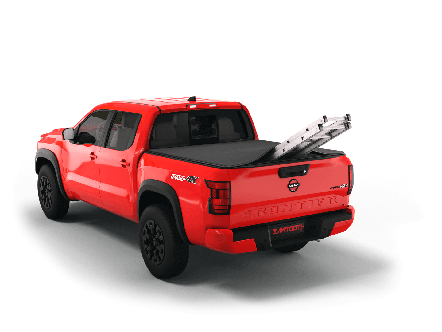 Red Nissan Frontier with ladder sticking out of Sawtooth Stretch expandable truck bed cover